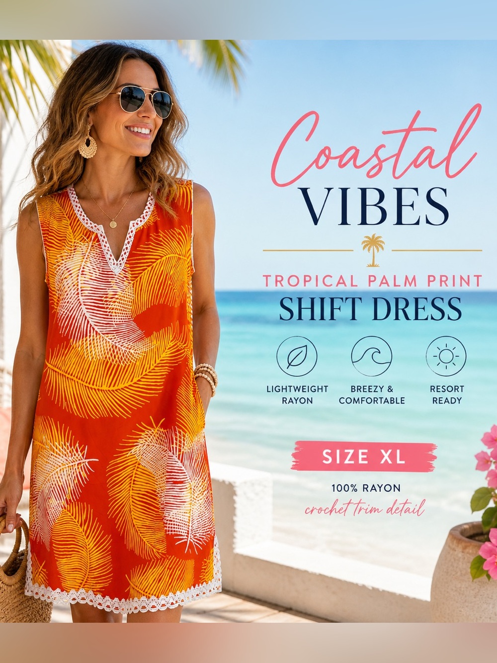 🌴 Tropical Palm Print Shift Dress Orange Yellow Beach Resort XL Boho Tunic